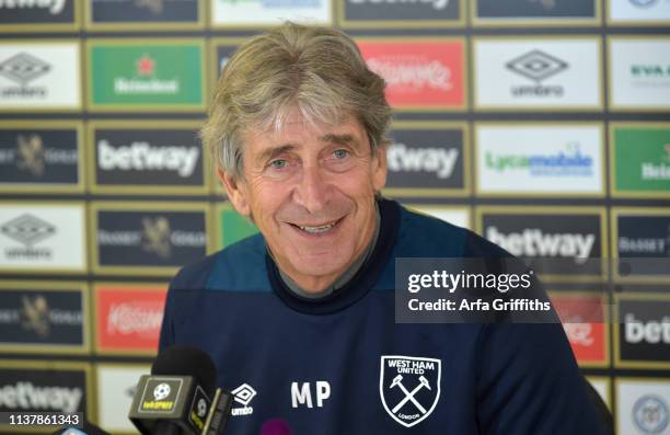 Manuel Pellegrini of West Ham United during his press conference after training at Rush Green on April 18, 2019 in Romford, England.