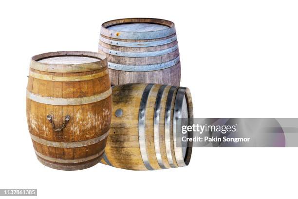 groups old wooden barrel for champagne, wine, whiskey, rum, beer, with steel ring on white background. - barrels stock pictures, royalty-free photos & images