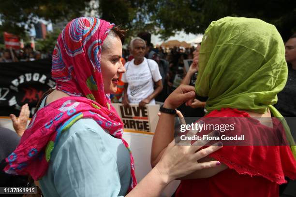 People gather at Aotea Square to join a march against racism on March 24, 2019 in Auckland, New Zealand. 50 people were killed, and dozens were...