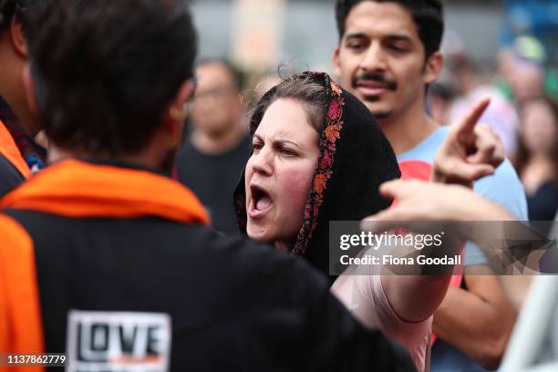 Woman vents her anger at the march against racism organsiers as people gather at Aotea Square on March 24, 2019 in Auckland, New Zealand. 50 people...