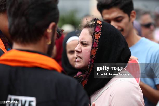 Woman vents her anger at the march against racism organsiers as people gather at Aotea Square on March 24, 2019 in Auckland, New Zealand. 50 people...