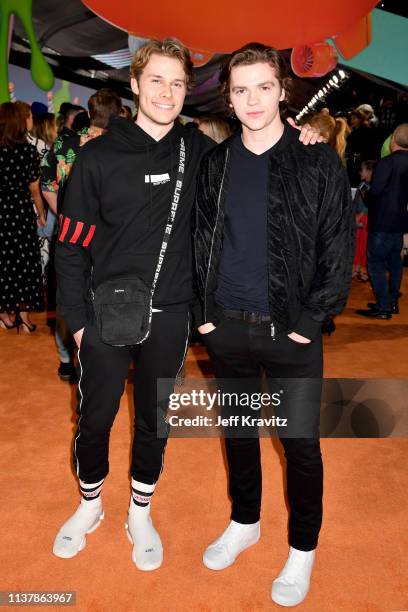 Logan Shroyer and Joel Courtney attend Nickelodeon's 2019 Kids' Choice Awards at Galen Center on March 23, 2019 in Los Angeles, California.