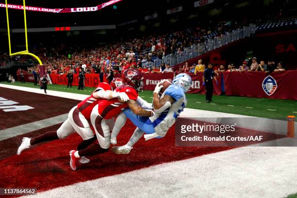 Terrell Newby of Salt Lake Stallions falls in for a touchdown against the San Antonio Commanders during the fourth quarter of the Alliance of...