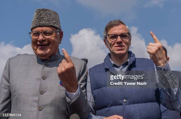 Farooq Abdullah, patron and president of the pro-India National Conference party along with his son Omar Abdullah, former Chief Minister of Jammu and...