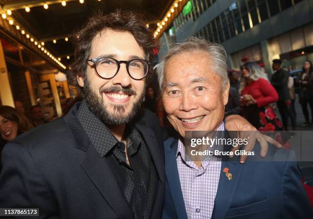Josh Groban and George Takei pose at the opening night of the new musical "Hadestown" on Broadway at The Walter Kerr Theatre on April 17, 2019 in New...