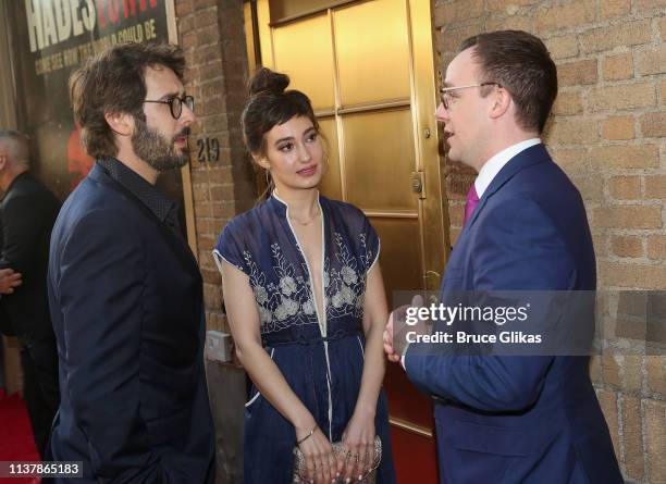 Josh Groban, Schuylerl Helford and Chasten Glezman chat at the opening night of the new musical "Hadestown" on Broadway at The Walter Kerr Theatre on...