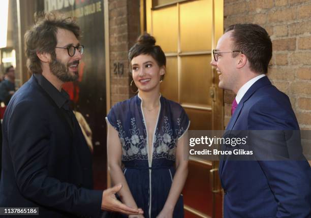 Josh Groban, Schuylerl Helford and Chasten Glezman chat at the opening night of the new musical "Hadestown" on Broadway at The Walter Kerr Theatre on...