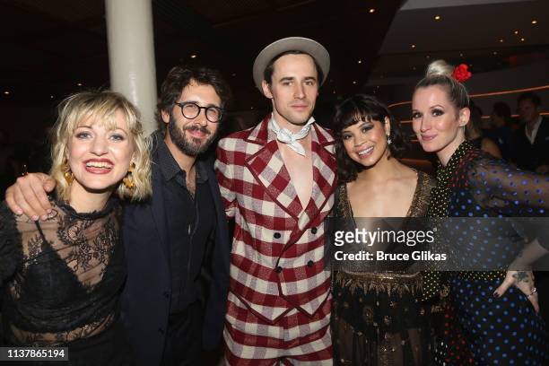 Anais Mitchell, Josh Groban, Reeve Carney, Eva Noblezada and Ingrid Michaelson pose at the opening night after party for the new musical "Hadestown"...