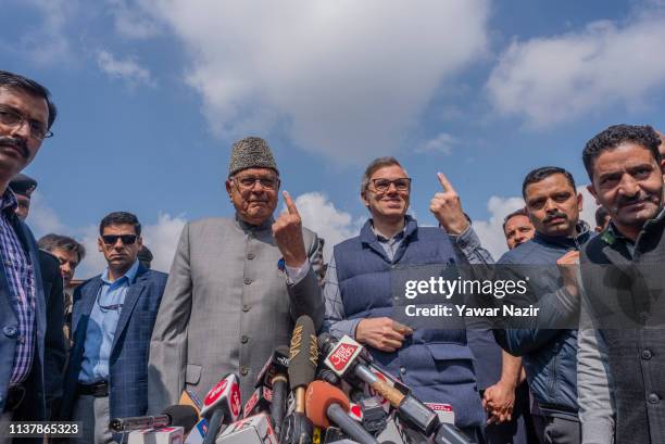 Farooq Abdullah, patron and president of the pro-India National Conference party along with his son Omar Abdullah, former Chief Minister of Jammu and...