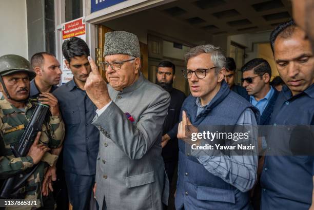 Farooq Abdullah, patron and president of the pro-India National Conference party along with his son Omar Abdullah, former Chief Minister of Jammu and...