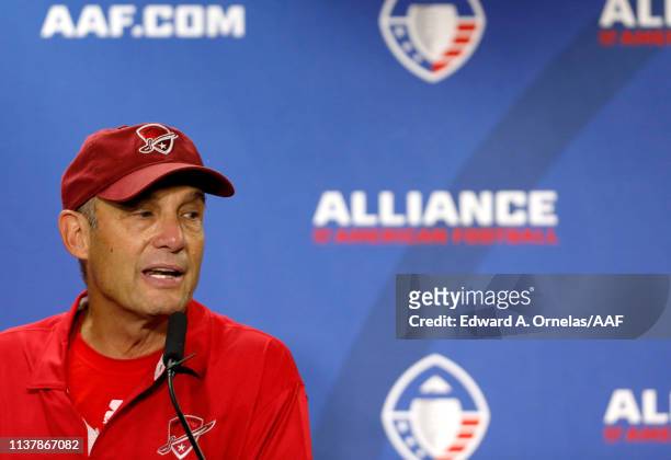 Head coach Mike Riley of the San Antonio Commanders speaks to the media after his team's 19-15 win over the Salt Lake Stallions in the Alliance of...