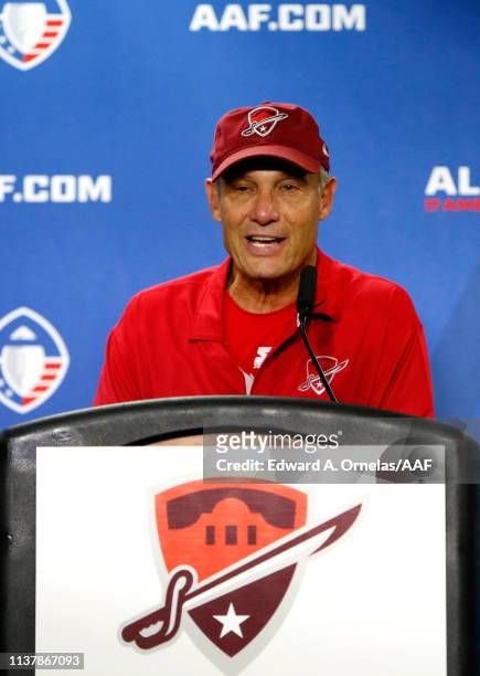 Head coach Mike Riley of the San Antonio Commanders speaks to the media after his team's 19-15 win over the Salt Lake Stallions in the Alliance of...