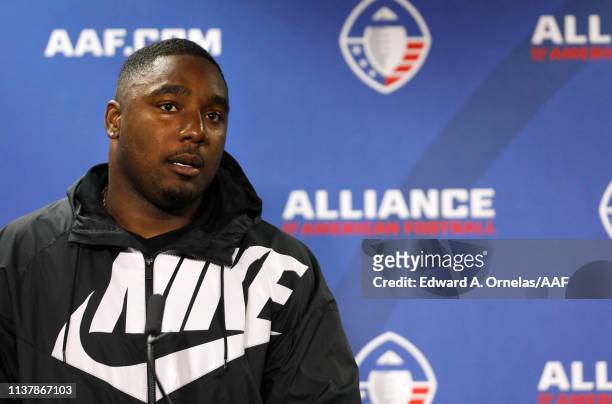Marquise Williams of the San Antonio Commanders speaks at a press conference after his team's 19-15 win over the Salt Lake Stallions in the Alliance...