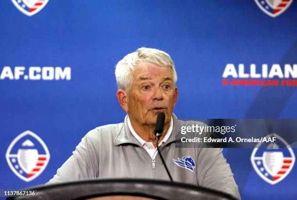 Head coach Dennis Erickson of the Salt Lake Stallions speaks at a press conference after his team got defeated by the San Antonio Commanders 19-15 in...