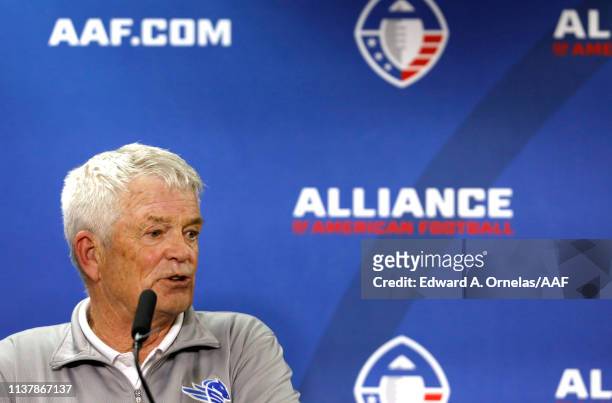 Head coach Dennis Erickson of the Salt Lake Stallions speaks at a press conference after his team got defeated by the San Antonio Commanders 19-15 in...