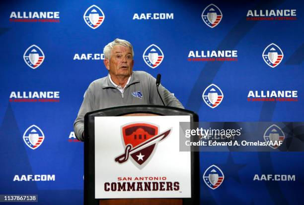 Head coach Dennis Erickson of the Salt Lake Stallions speaks at a press conference after his team got defeated by the San Antonio Commanders 19-15 in...