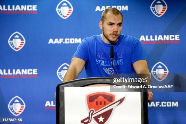 Quarterback Josh Woodrum of the Salt Lake Stallions speaks at a press conference after his teams loss to the San Antonio Commanders 19-15 in the...