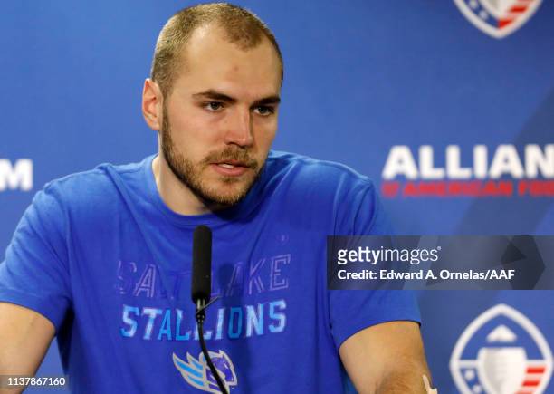Quarterback Josh Woodrum of the Salt Lake Stallions speaks at a press conference after his teams loss to the San Antonio Commanders 19-15 in the...