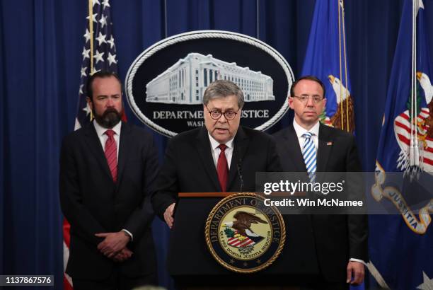 Attorney General William Barr speaks about the release of the redacted version of the Mueller report as U.S. Deputy Attorney General Rod Rosenstein...