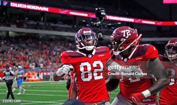 Mekale Mckay of the San Antonio Commanders celebrates his TD reception against the Salt Lake Stallions at Alamodome on March 23, 2019 in San Antonio,...