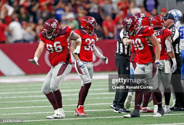 Winston Craig of the San Antonio Commanders celebrates after a play against the Salt Lake Stallions at Alamodome on March 23, 2019 in San Antonio,...