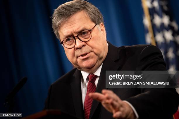 Attorney General William Barr speaks about the release of the Mueller Report at the Department of Justice April 18 in Washington, DC. - The Mueller...