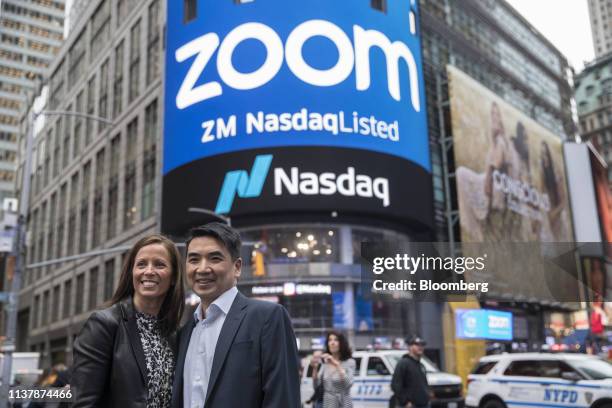 Eric Yuan, founder and chief executive officer of Zoom Video Communications Inc., right, and Adena Friedman, chief executive officer of Nasdaq Inc.,...