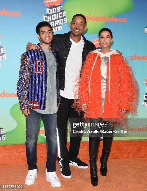 Mena Massoud, Will Smith and Naomi Scott attend Nickelodeon's 2019 Kids' Choice Awards at Galen Center on March 23, 2019 in Los Angeles, California.