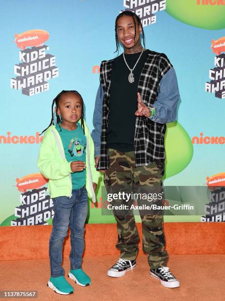 Tyga and King Cairo Stevenson attend Nickelodeon's 2019 Kids' Choice Awards at Galen Center on March 23, 2019 in Los Angeles, California.