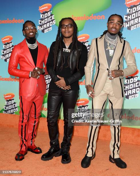 Offset, Takeoff, and Quavo of Migos attend Nickelodeon's 2019 Kids' Choice Awards at Galen Center on March 23, 2019 in Los Angeles, California.