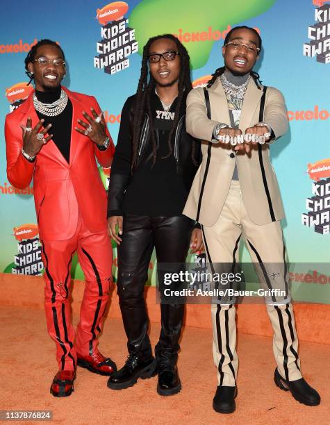 Offset, Takeoff, and Quavo of Migos attend Nickelodeon's 2019 Kids' Choice Awards at Galen Center on March 23, 2019 in Los Angeles, California.