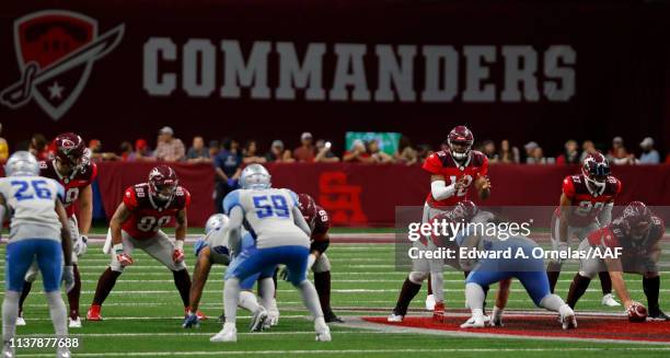 Marquise Williams of the San Antonio Commanders waits for the snap against the Salt Lake Stallions at Alamodome on March 23, 2019 in San Antonio,...