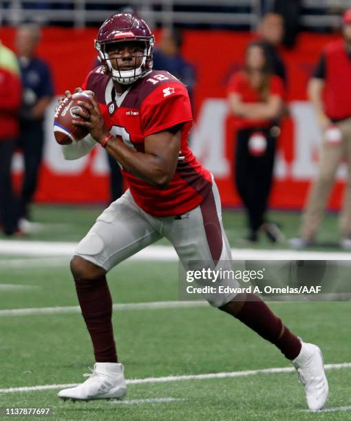 Marquise Williams of the San Antonio Commanders looks to pass against the Salt Lake Stallions at Alamodome on March 23, 2019 in San Antonio, Texas.