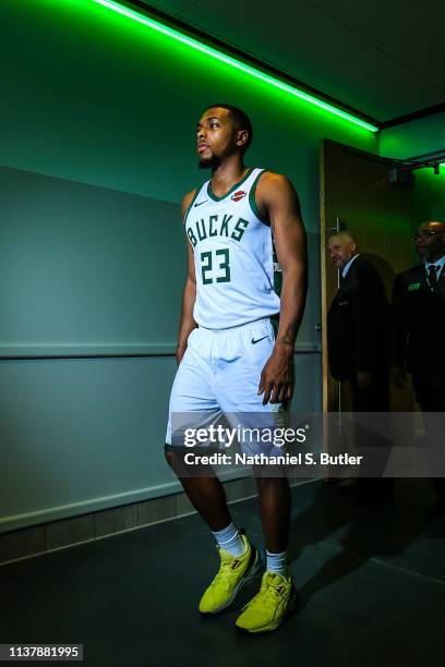 Sterling Brown of the Milwaukee Bucks walks to the court before Game Two of Round One of the 2019 NBA Playoffs against the Detroit Pistons on April...