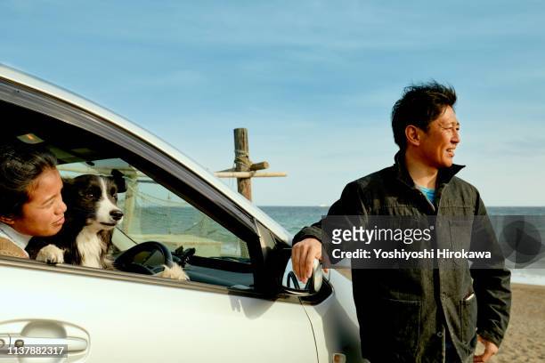 a woman is sitting with a dog in the driver's seat of a car and looking far - car driver ストックフォトと画像