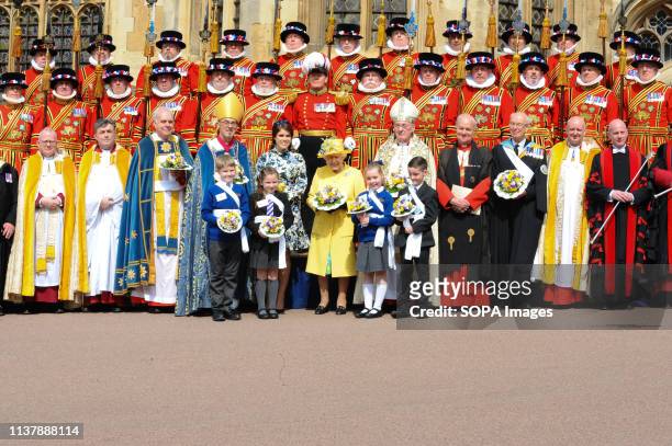 Her Majesty The Queen, Princess Eugenie are seen during the Royal Maundy Service at St Georges Chapel in Windsor.