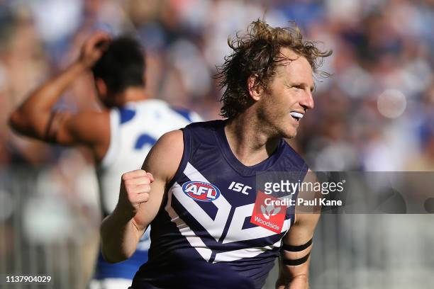 David Mundy of the Dockers celebrates a goal during the round one AFL match between the Fremantle Dockers and the North Melbourne Kangaroos at Optus...