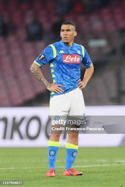 Allan of SSC Napoli stands disappointed during the UEFA Europa League Quarter Final Second Leg match between S.S.C. Napoli and Arsenal at Stadio San...