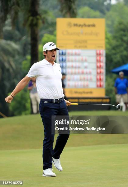 Nacho Elvira of Spain celbrates after he holds his putt to force a play off match during Day Four of the Maybank Championship at Saujana Golf &...