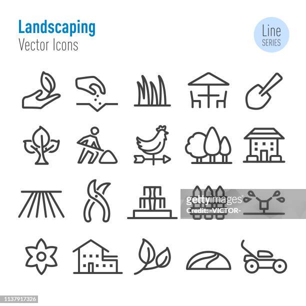 landscaping icons - vector line series - landscaped patio stock illustrations