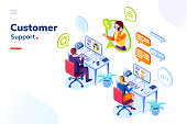 Customer service, phone support office with people