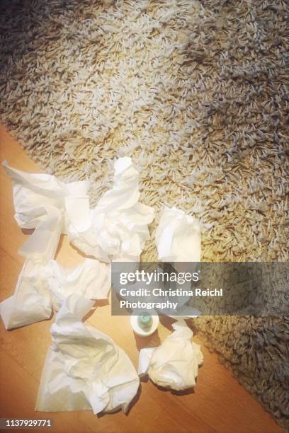 lots of tissues and nasal spray - handkerchief stock pictures, royalty-free photos & images