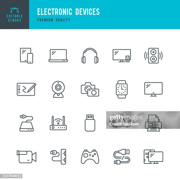 ilustraciones, imágenes clip art, dibujos animados e iconos de stock de dispositivos electrónicos-conjunto de iconos vectoriales de línea delgada - speaker stock illustrations