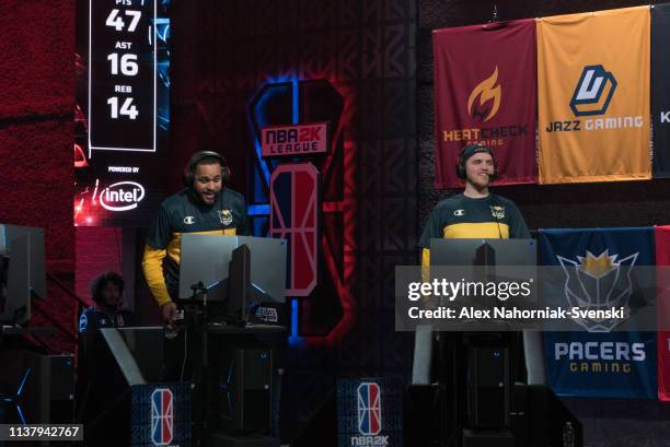 Lord Beezus and Ramo of Pacers Gaming react to a play during the game against Jazz Gaming on April 10, 2019 at the NBA 2K Studio in Long Island City,...