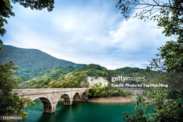 stone bridge crossing the lake - tai tam country park stock pictures, royalty-free photos & images