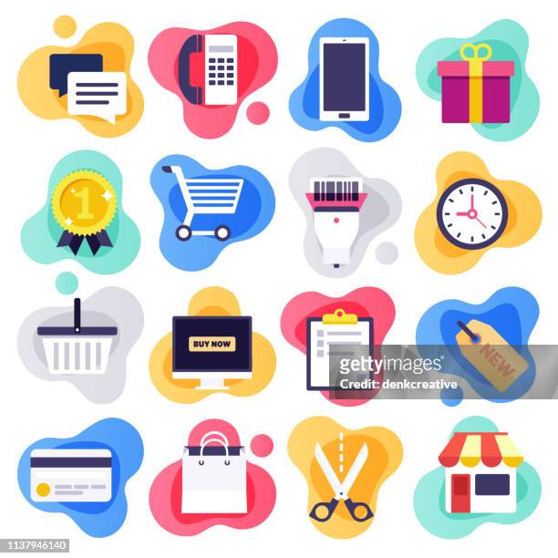 stockillustraties, clipart, cartoons en iconen met mobile commerce & consumentengedrag platte vloeibare stijl vector icon set - handelen