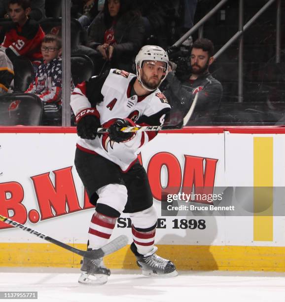 Niklas Hjalmarsson of the Arizona Coyotes skates against the New Jersey Devils at the Prudential Center on March 23, 2019 in Newark, New Jersey. The...