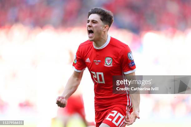 Daniel James of Wales celebrates after he scores his sides first goal during the 2020 UEFA European Championships group E qualifying match between...