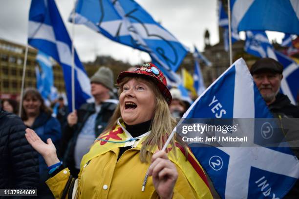 Scottish independence supporters gather in George Square for a Hope Over Fear Rally on March 24, 2019 in Glasgow, Scotland. Hope Over Fear organised...