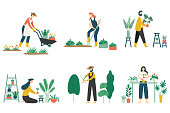 People gardening. Woman planting gardens flowers, agriculture gardener hobby and garden job flat vector illustration set